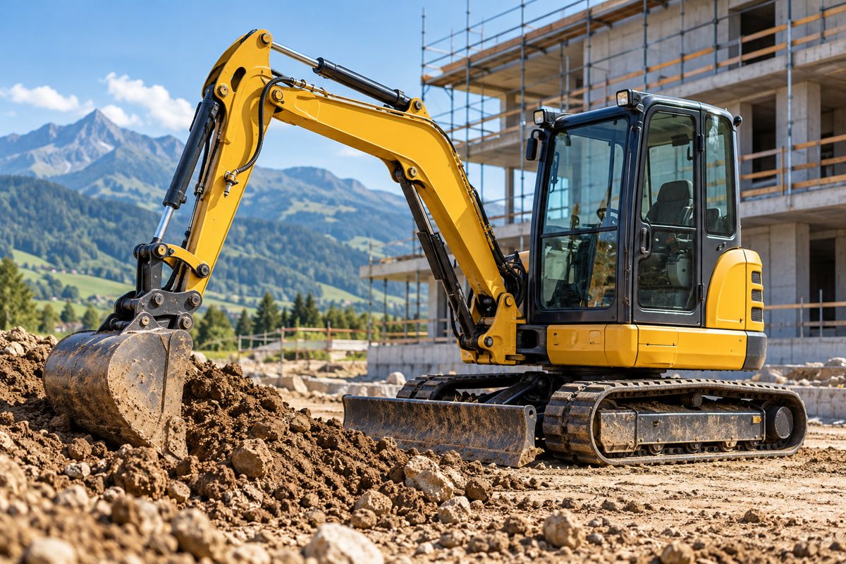 Symbolbild eines Kompaktbaggers auf einer Baustelle
